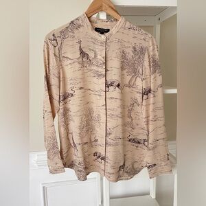 Beige Animal Print Button-Up Shirt 100% Silk NWT